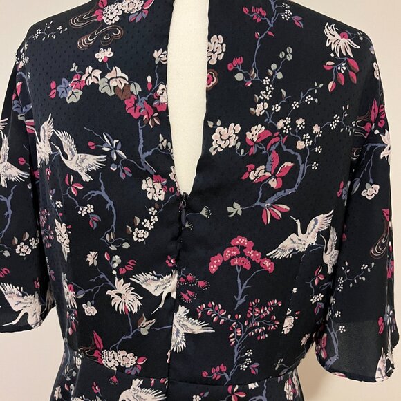 Dark Blue Crane & Blossom Print Midi Dress – Size 48 (fits like a L) - Picture 4 of 11
